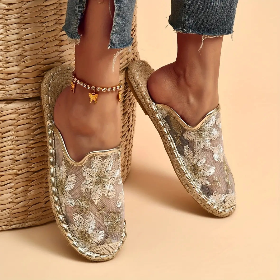 Mujeres Verano Encaje Flor Suela Plana Transpirable Slip-Ons
