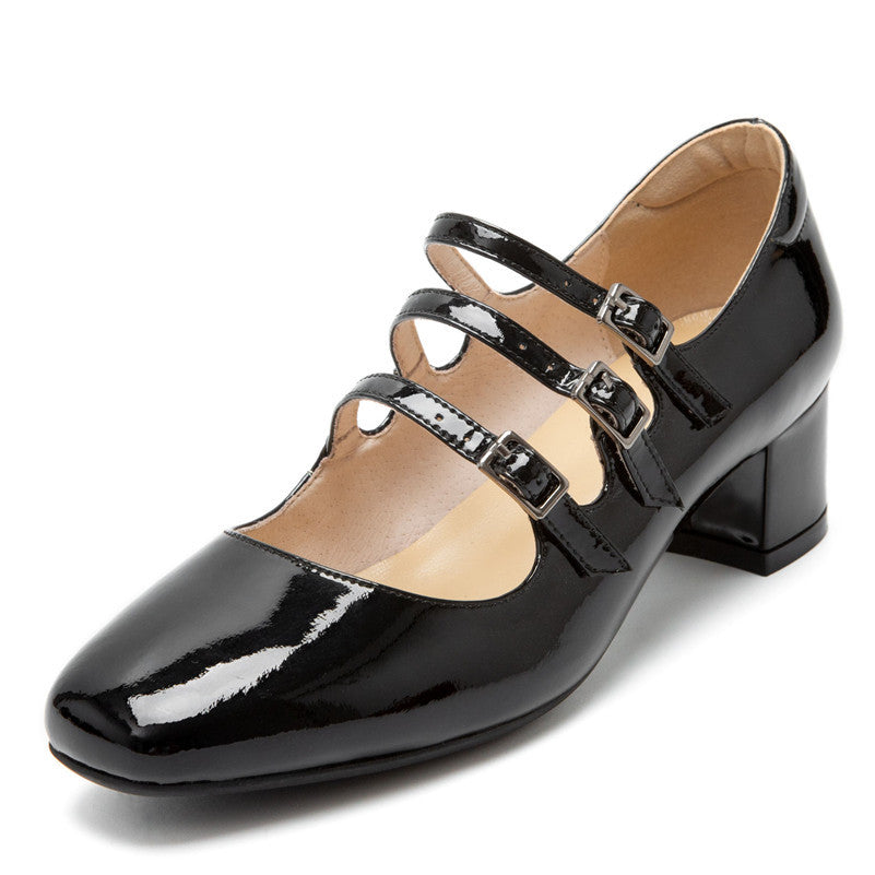 Zapatos de tacón bajo con hebilla y punta cuadrada de charol para mujer