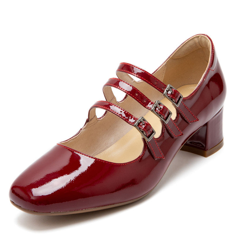 Zapatos de tacón bajo con hebilla y punta cuadrada de charol para mujer