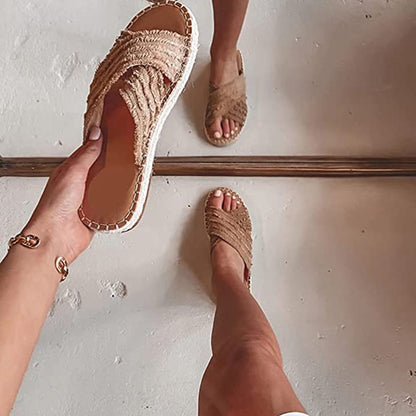 Sandalias planas de paja cruzadas de pescador Sandalias bohemias