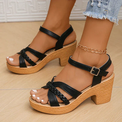 Las señoras de la correa de tobillo de la plataforma de zapatos de tamaño Casual dedo del pie abierto sandalias de tacón alto bloque