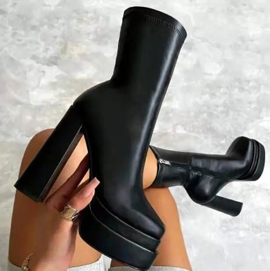 2025 New High-heeled 8cm Waterproof Platform Thick-soled Plus Size Short Boots Side Zipper Thin Boots Ladies Black Knight Boots