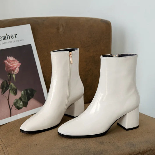 2024 Side Zipper White Ankle Boots for Women Stretch Middle Heel Large Size Short Boot Fashion Pointed Shoes
