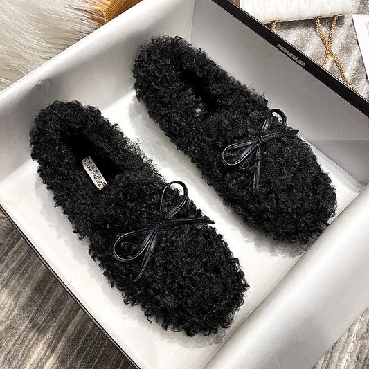 2025 Women's Plush Cotton Shoes for Autumn and Winter Wear Flat Shoes with Lamb Wool and Velvet Butterfly Knot Bean Single Shoes
