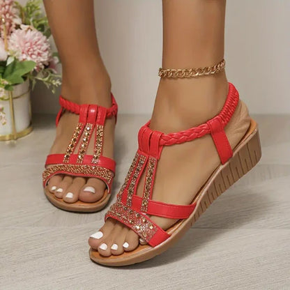 Bohemio Mujeres Tacones De Cuña Sandalias De Cristal De Cristal De La Correa